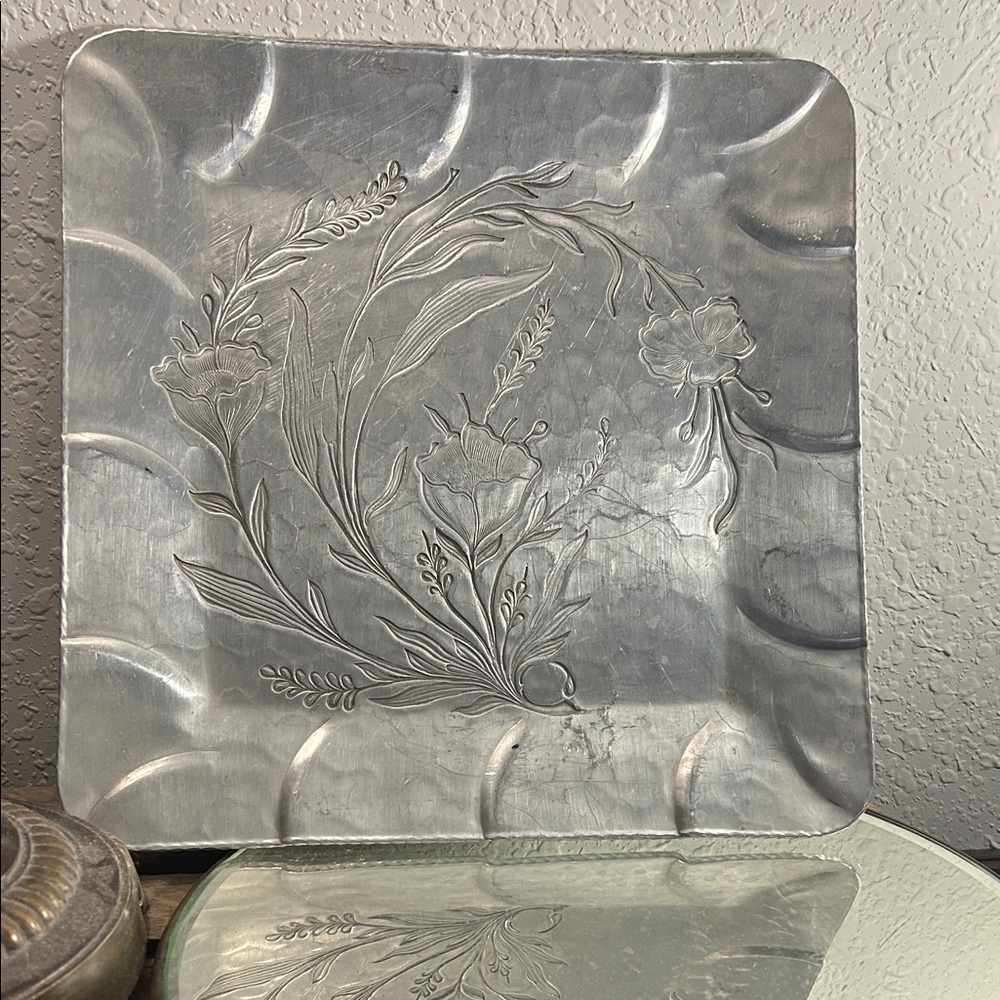 Floral Embossed Square Metal Tray